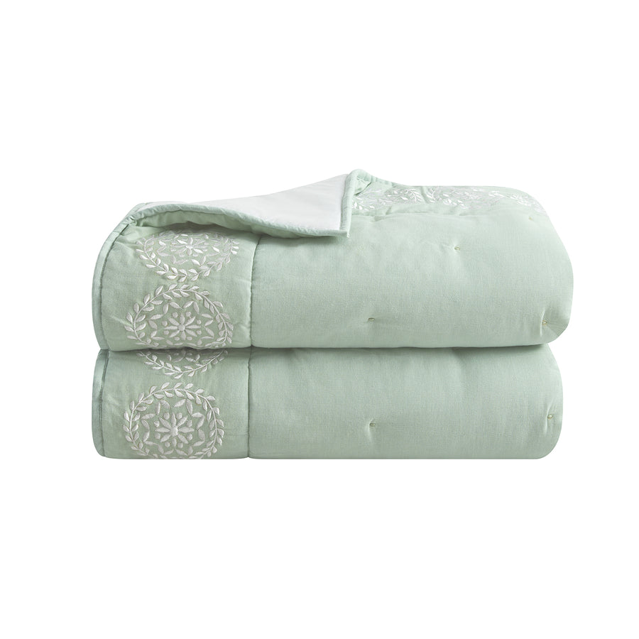 Elodie Seafoam Green Floral Embroidered Quilted Linen Blend Bedspread - daals