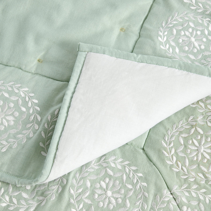 Elodie Seafoam Green Floral Embroidered Quilted Linen Blend Bedspread - daals
