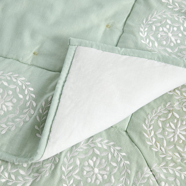 Elodie Seafoam Green Floral Embroidered Quilted Linen Blend Bedspread