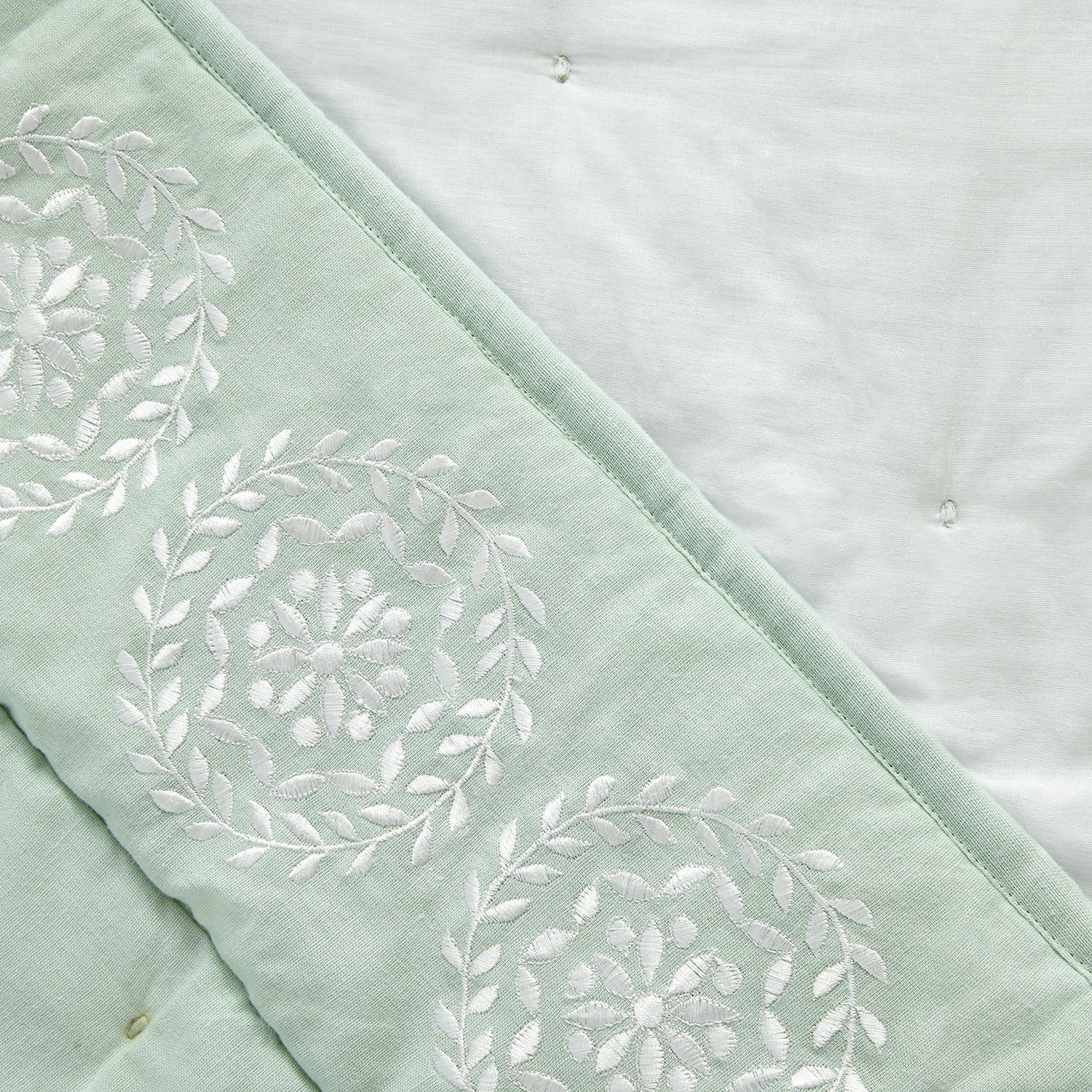 Elodie Seafoam Green Floral Embroidered Quilted Linen Blend Bedspread