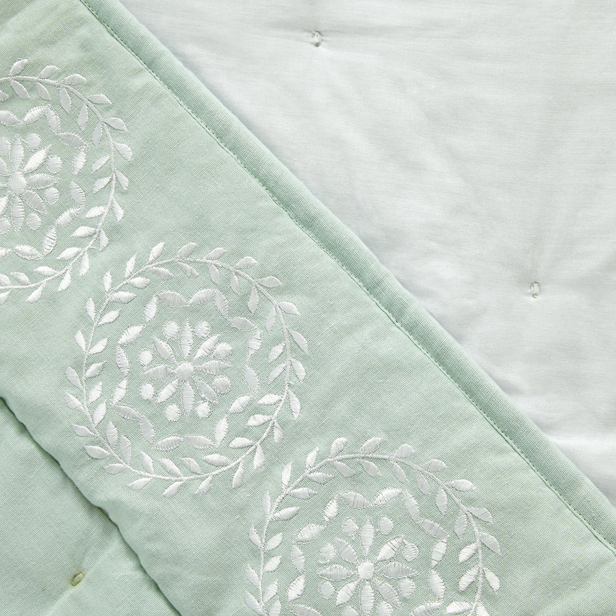 Elodie Seafoam Green Floral Embroidered Quilted Linen Blend Bedspread - daals
