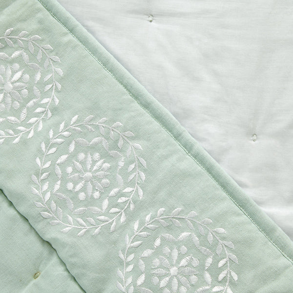 Elodie Seafoam Green Floral Embroidered Quilted Linen Blend Bedspread