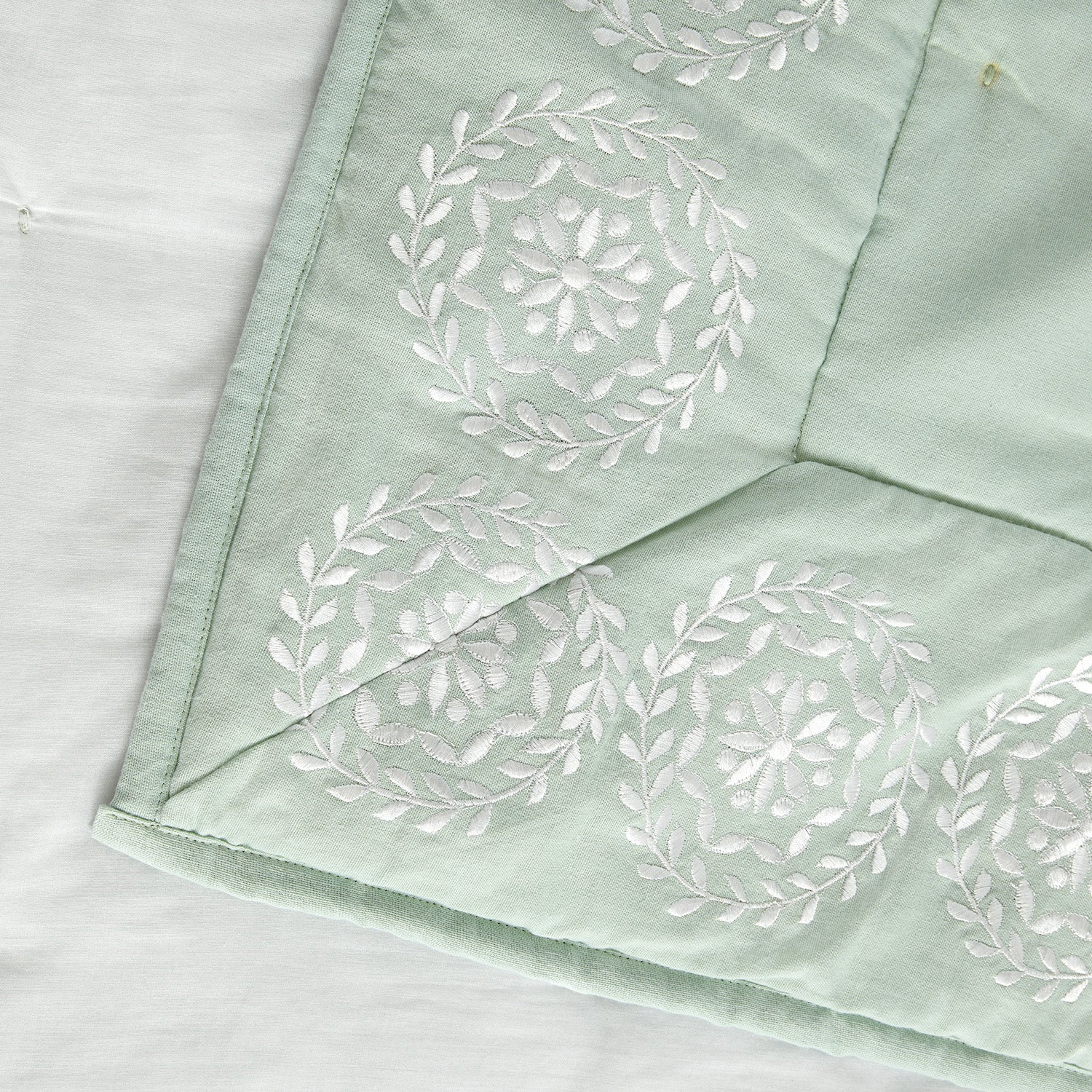 Elodie Seafoam Green Floral Embroidered Quilted Linen Blend Bedspread