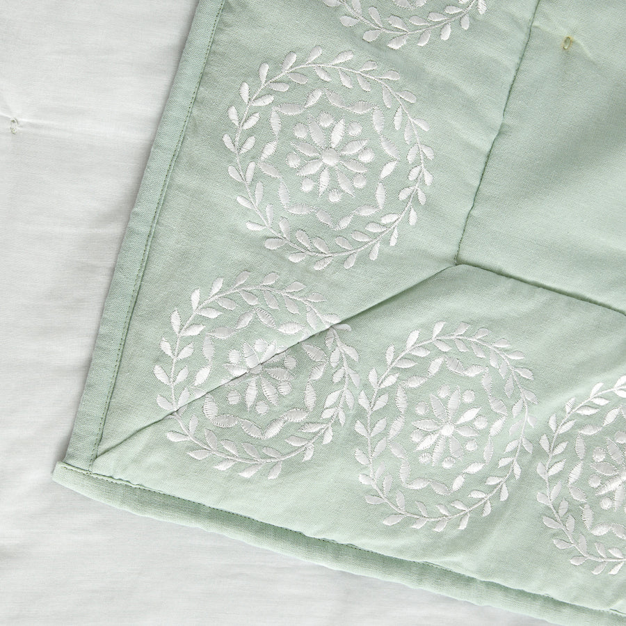 Elodie Seafoam Green Floral Embroidered Quilted Linen Blend Bedspread - daals