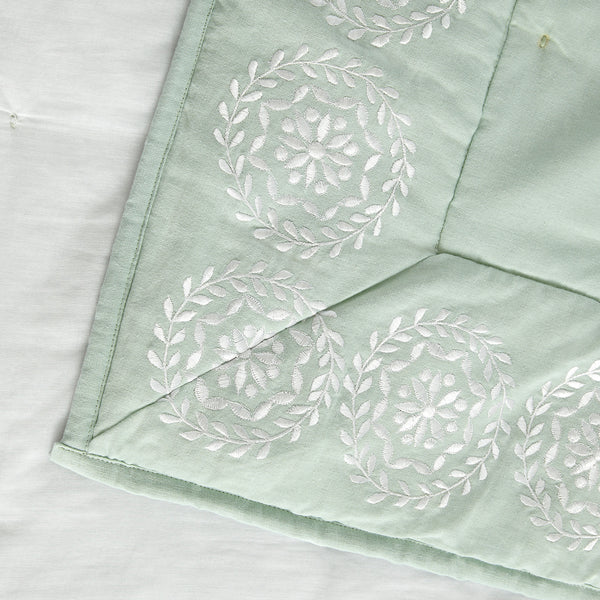 Elodie Seafoam Green Floral Embroidered Quilted Linen Blend Bedspread