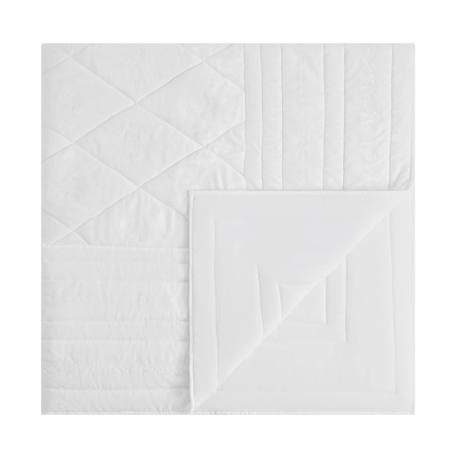 Esmeralda White Floral Embroidered Quilted Linen Blend Bedspread