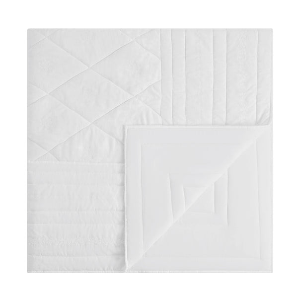 Esmeralda White Floral Embroidered Quilted Linen Blend Bedspread