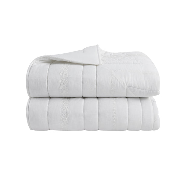 Esmeralda White Floral Embroidered Quilted Linen Blend Bedspread