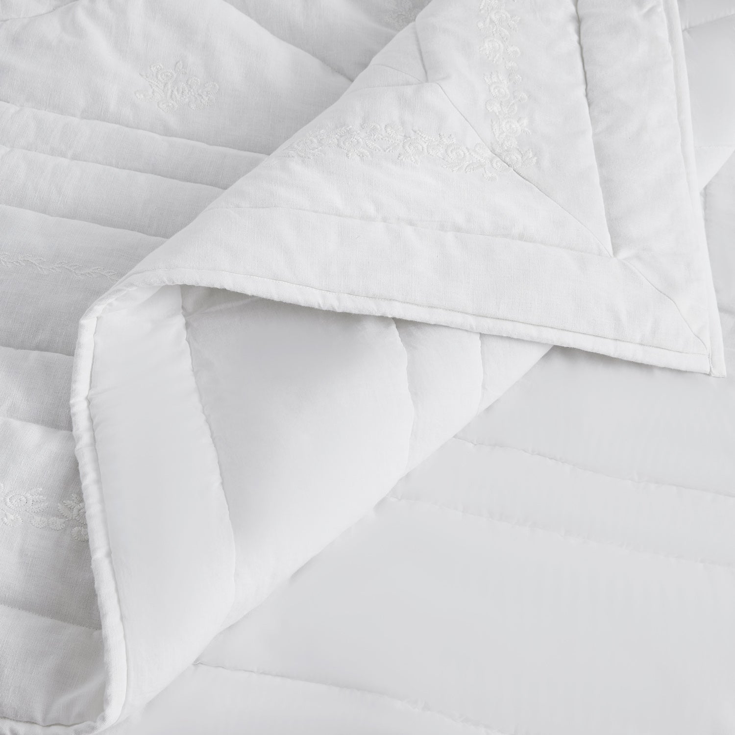 Esmeralda White Floral Embroidered Quilted Linen Blend Bedspread