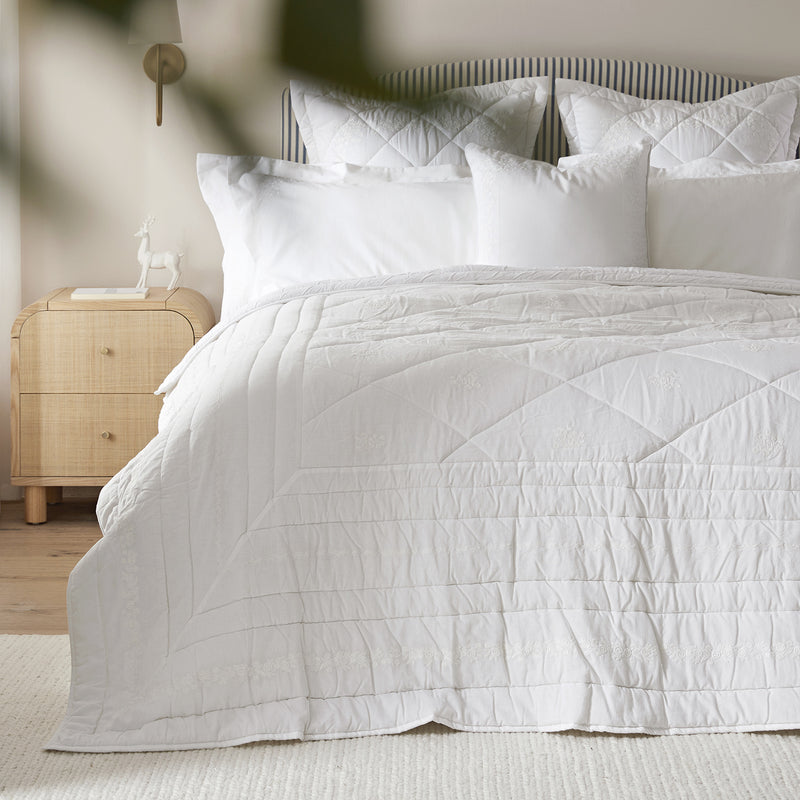 Esmeralda White Floral Embroidered Quilted Linen Blend Bedspread