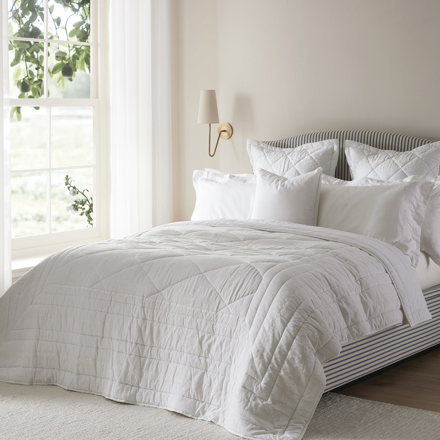 Esmeralda White Floral Embroidered Quilted Linen Blend Bedspread