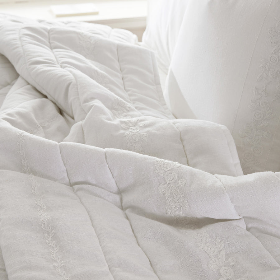 Esmeralda White Floral Embroidered Quilted Linen Blend Bedspread