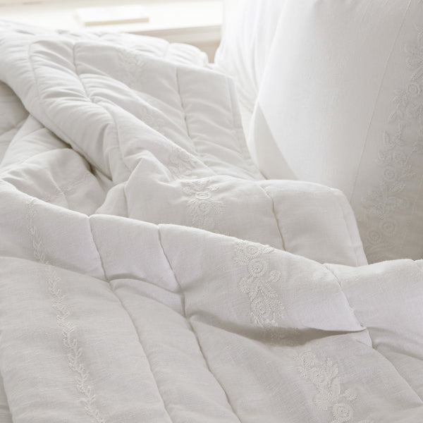 Esmeralda White Floral Embroidered Quilted Linen Blend Bedspread