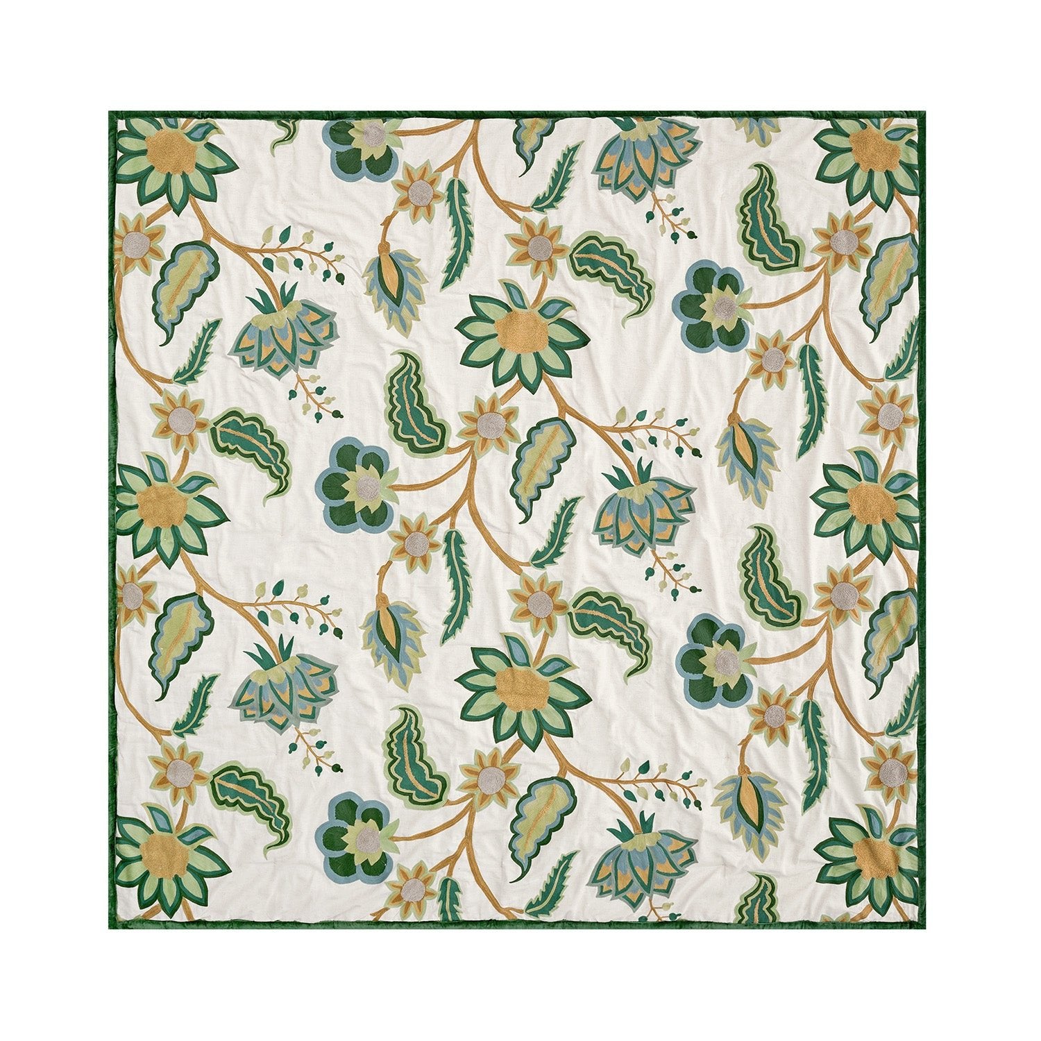 Flora & Fauna Jacobean Floral Embroidered Quilted Cotton Bedspread