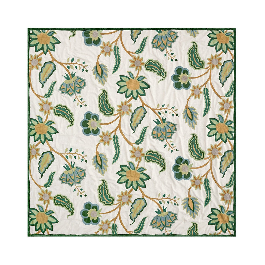 Flora & Fauna Jacobean Floral Embroidered Quilted Cotton Bedspread