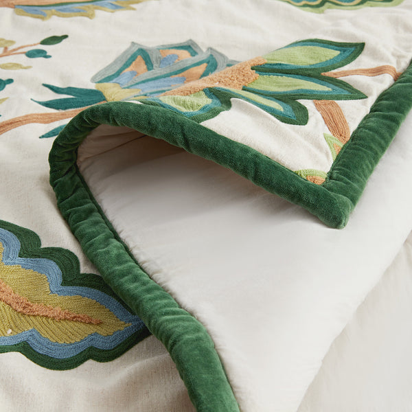 Flora & Fauna Jacobean Floral Embroidered Quilted Cotton Bedspread