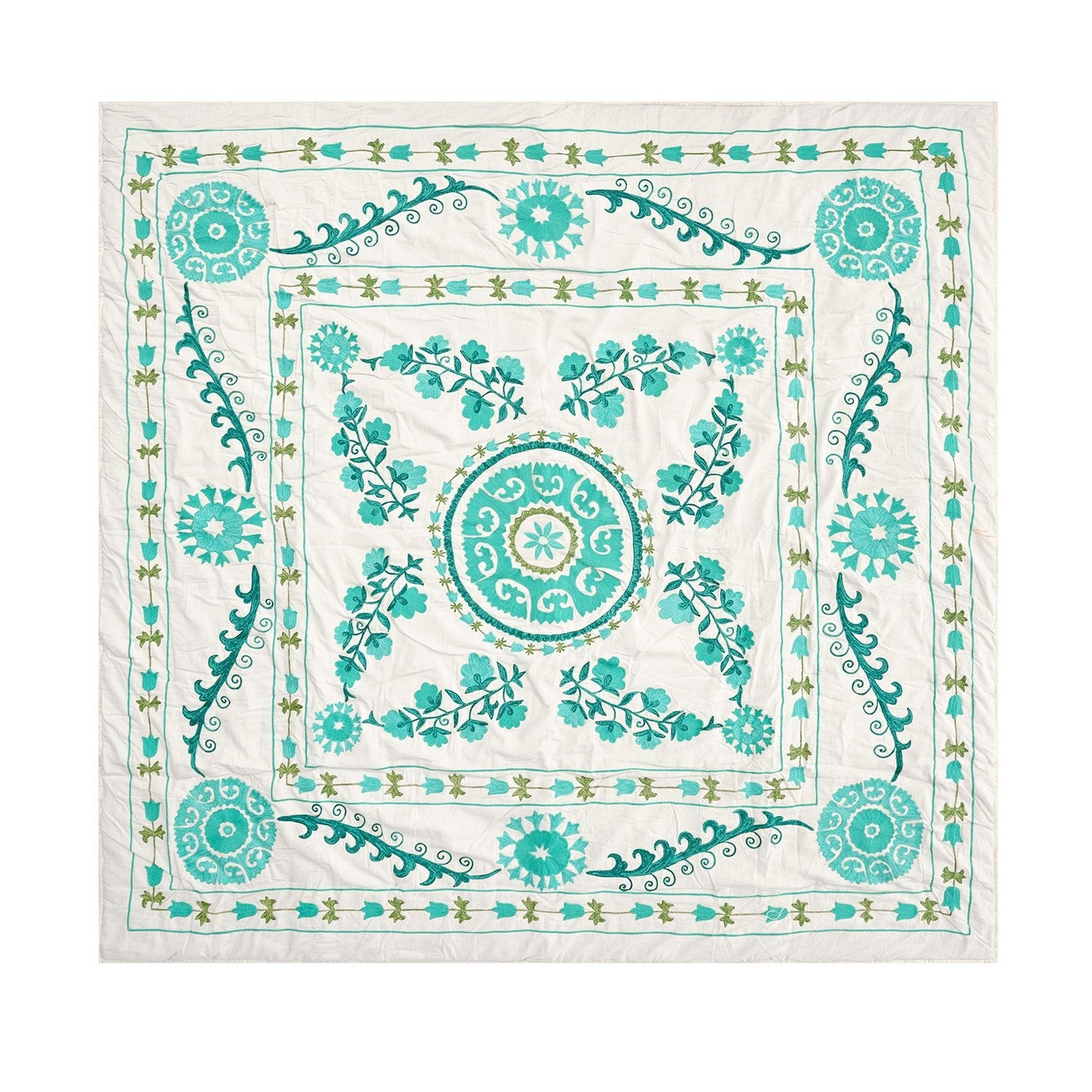 Indra Suzani Cyan Floral Embroidered Quilted Cotton Bedspread