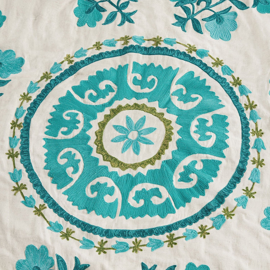 Indra Suzani Cyan Floral Embroidered Quilted Cotton Bedspread