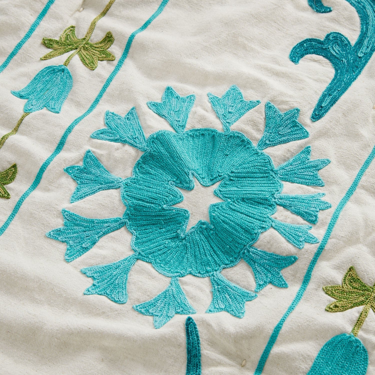 Indra Suzani Cyan Floral Embroidered Quilted Cotton Bedspread