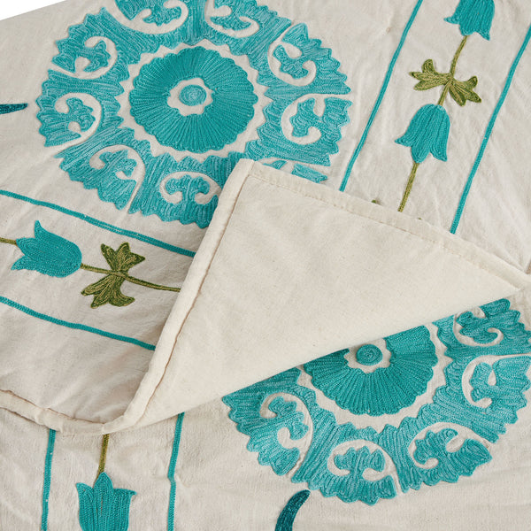 Indra Suzani Cyan Floral Embroidered Quilted Cotton Bedspread