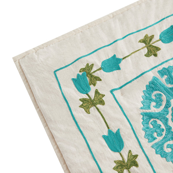 Indra Suzani Cyan Floral Embroidered Quilted Cotton Bedspread