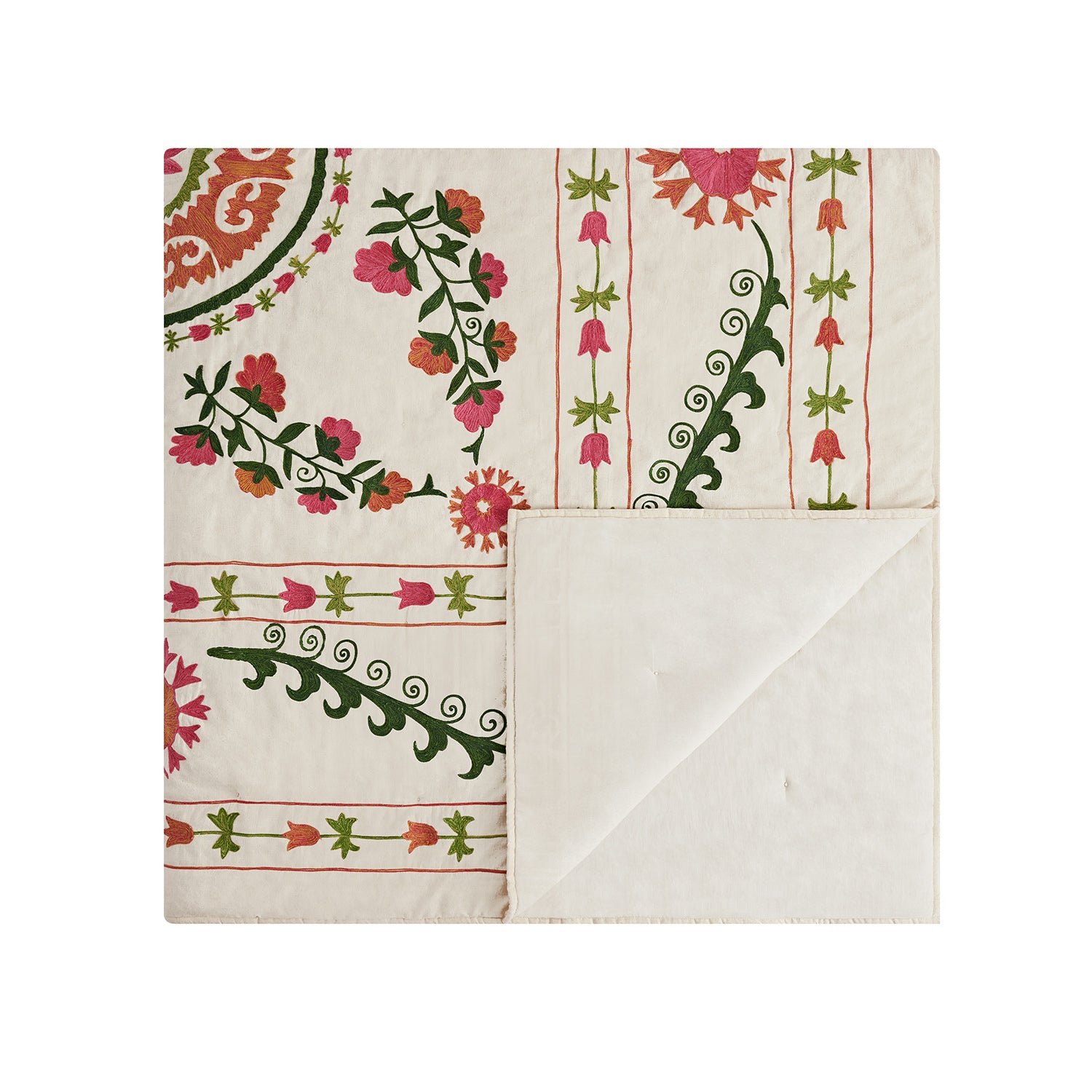 Indra Suzani Pink Floral Embroidered Quilted Cotton Bedspread