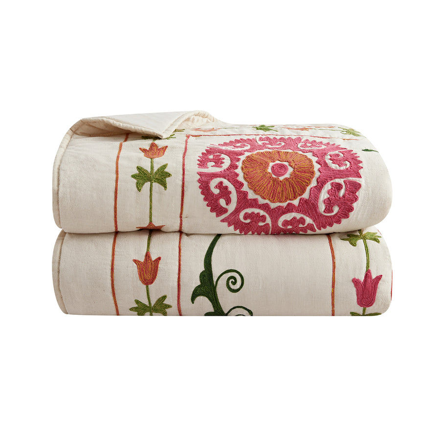 Indra Suzani Pink Floral Embroidered Quilted Cotton Bedspread