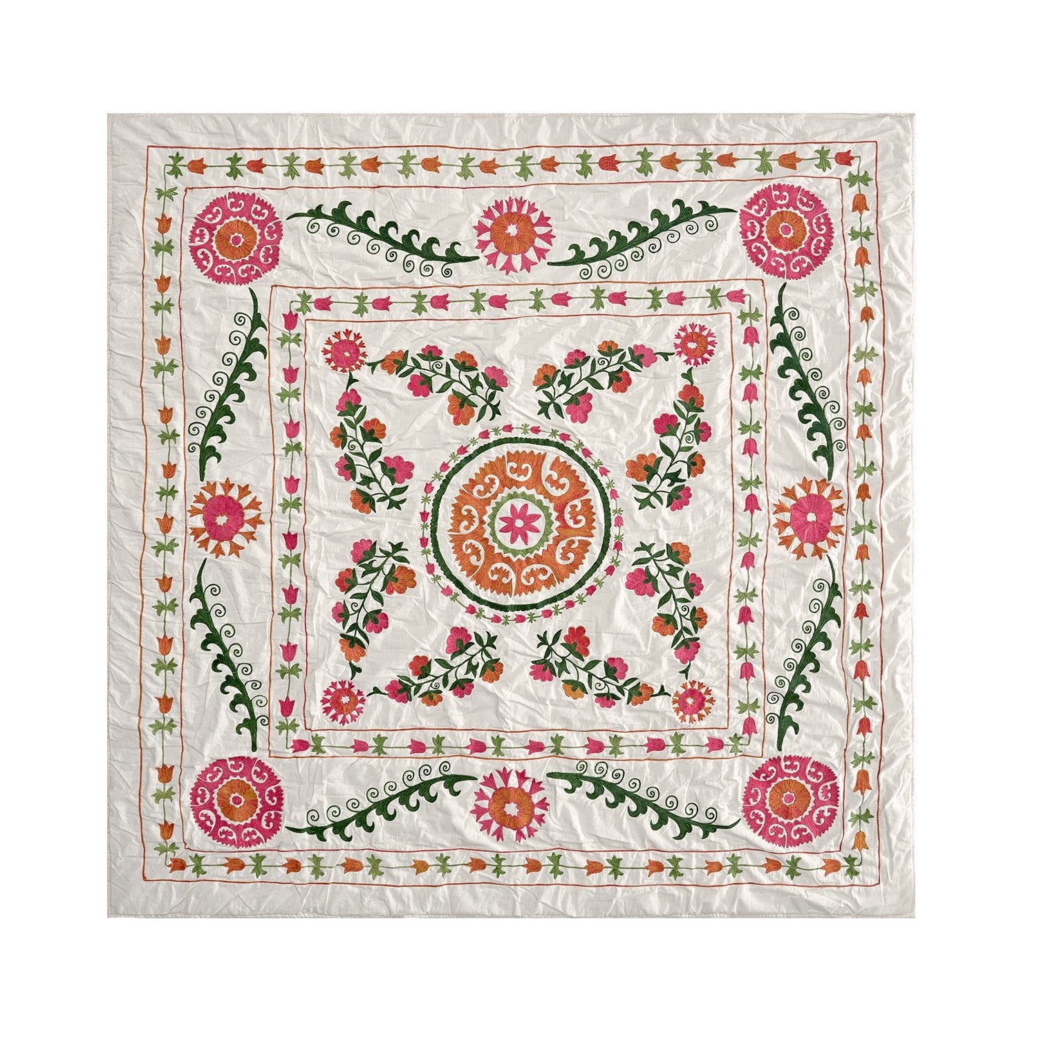 Indra Suzani Pink Floral Embroidered Quilted Cotton Bedspread