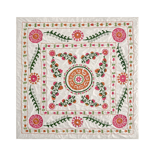 Indra Suzani Pink Floral Embroidered Quilted Cotton Bedspread