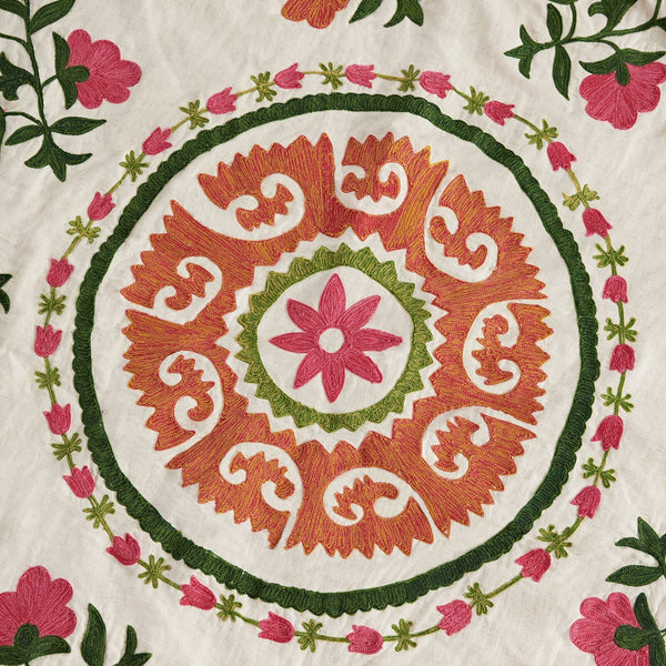 Indra Suzani Pink Floral Embroidered Quilted Cotton Bedspread