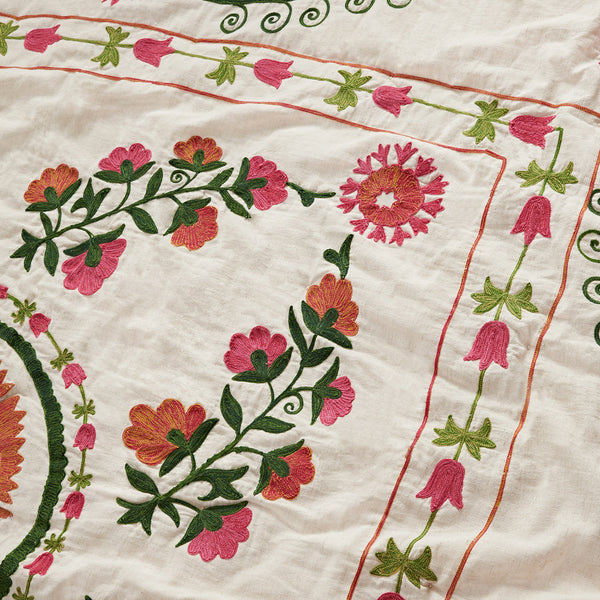Indra Suzani Pink Floral Embroidered Quilted Cotton Bedspread