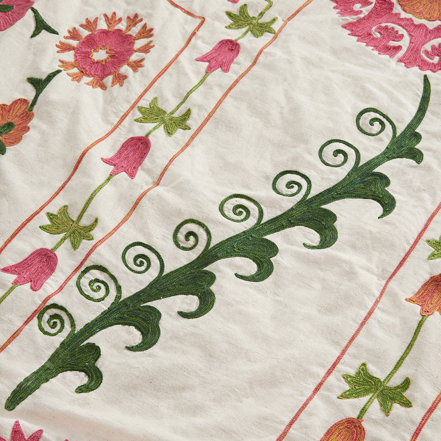 Indra Suzani Pink Floral Embroidered Quilted Cotton Bedspread