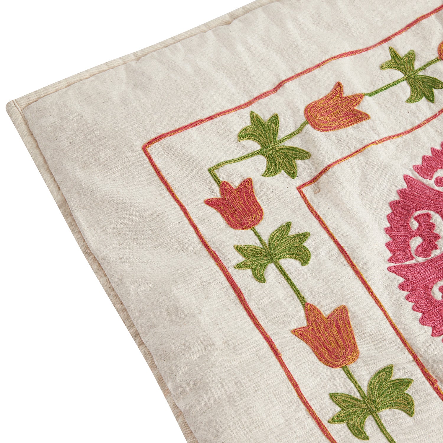 Indra Suzani Pink Floral Embroidered Quilted Cotton Bedspread