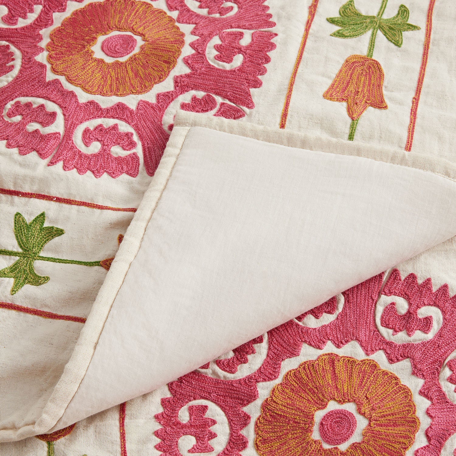 Indra Suzani Pink Floral Embroidered Quilted Cotton Bedspread