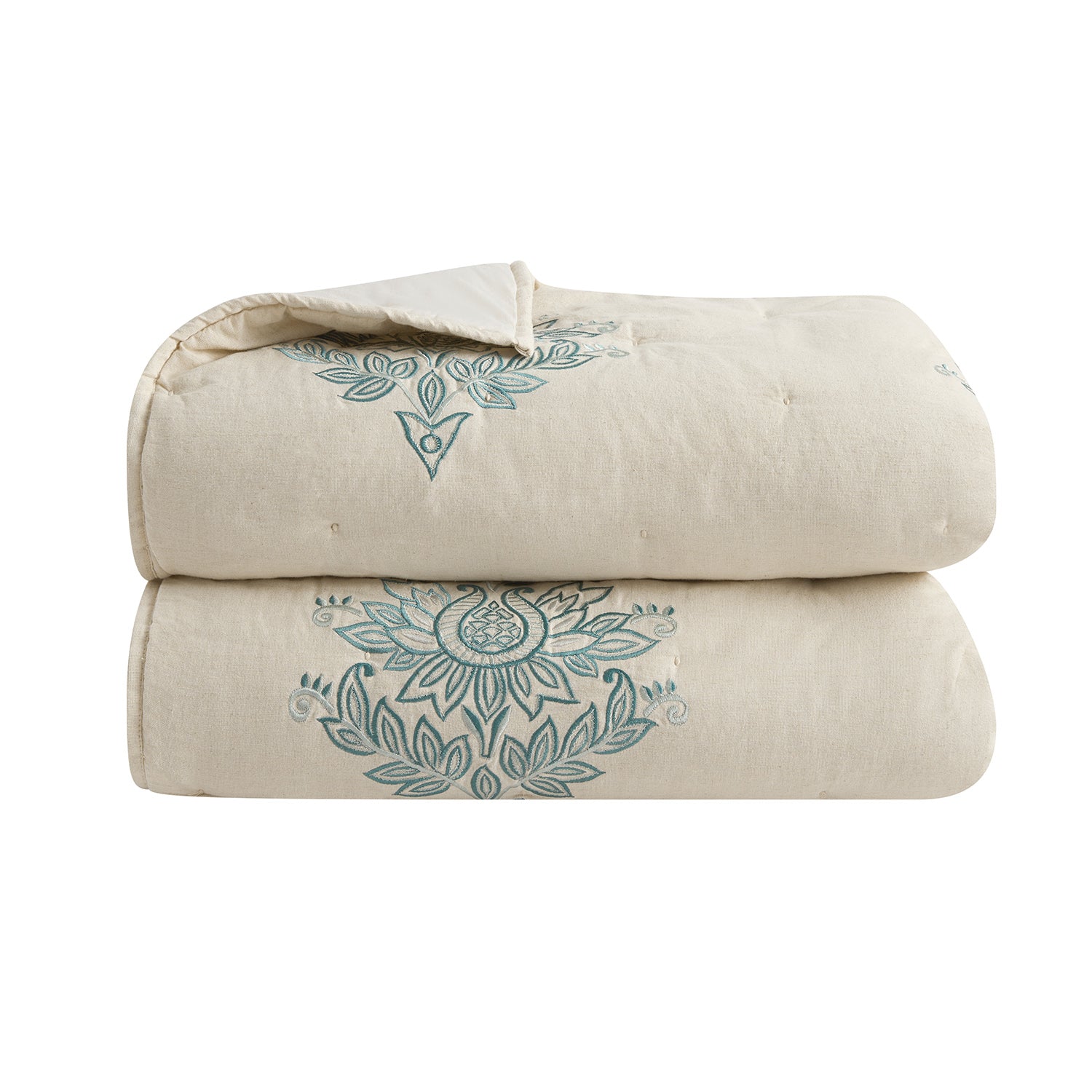 Isadora Teal Damask Embroidered Quilted Linen Blend Bedspread