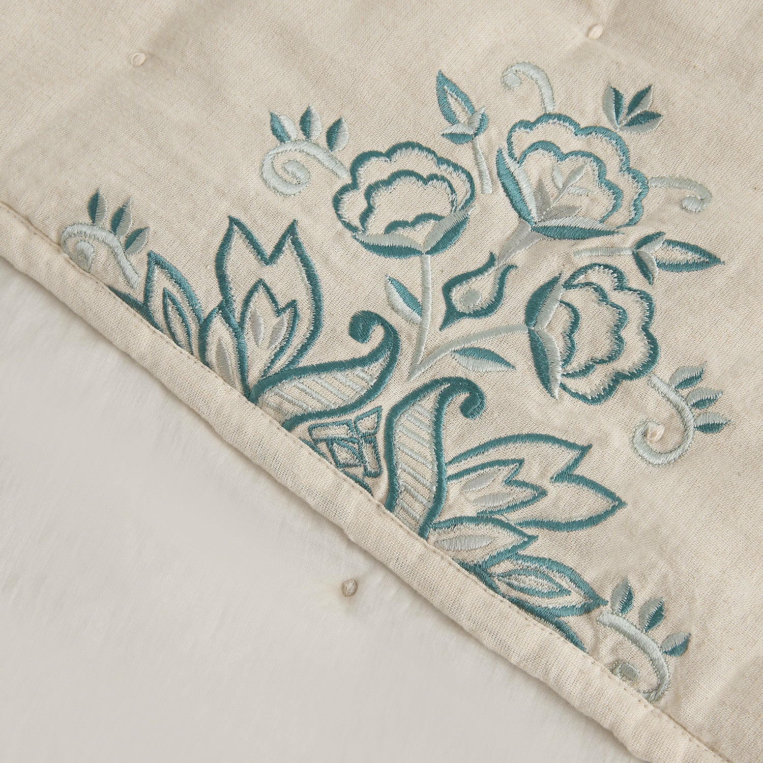 Isadora Teal Damask Embroidered Quilted Linen Blend Bedspread