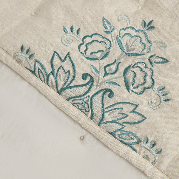 Isadora Teal Damask Embroidered Quilted Linen Blend Bedspread