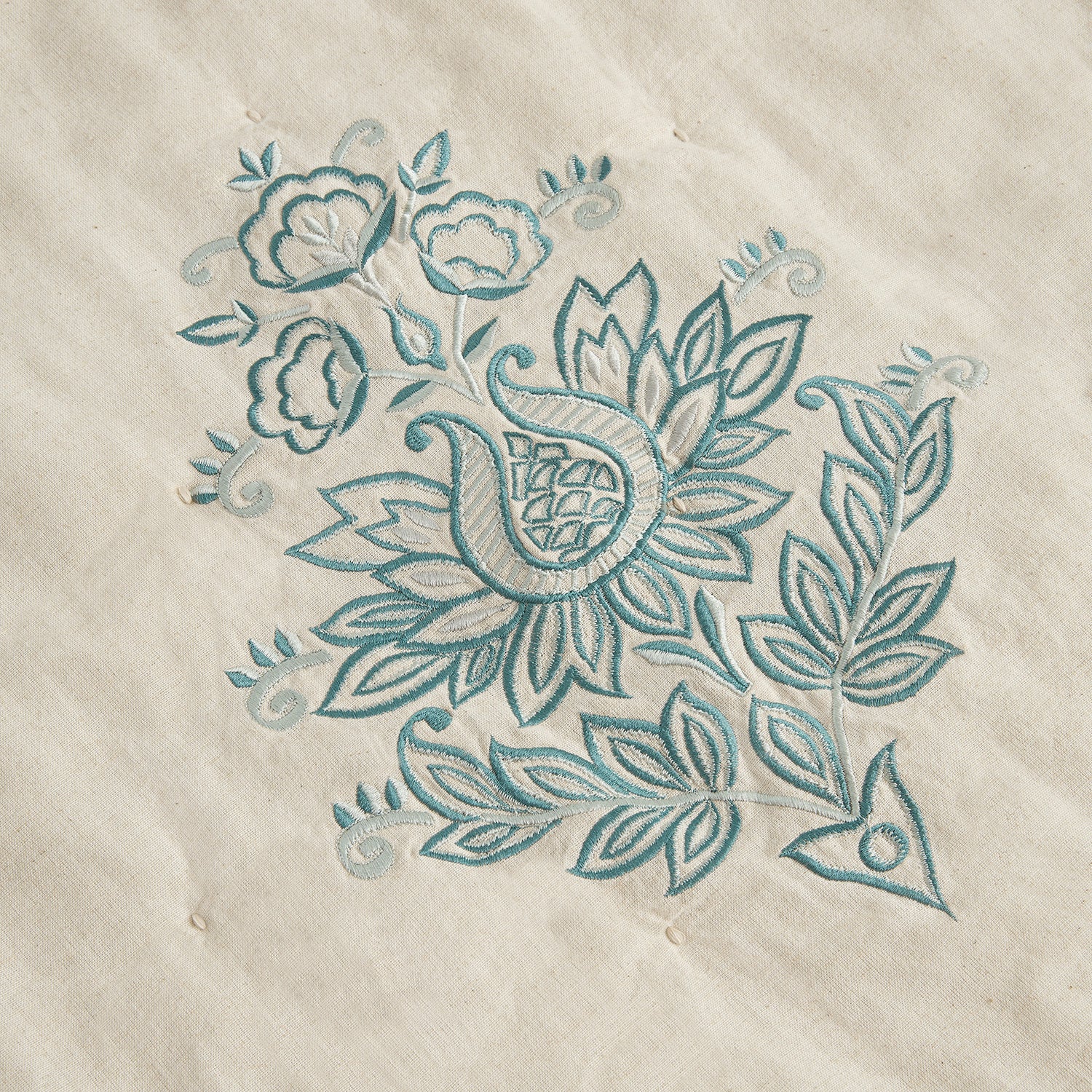 Isadora Teal Damask Embroidered Quilted Linen Blend Bedspread