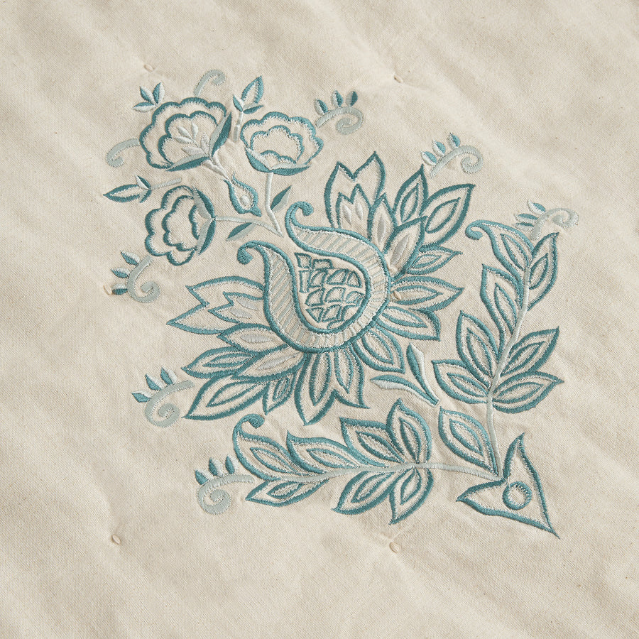 Isadora Teal Damask Embroidered Quilted Linen Blend Bedspread