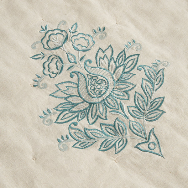 Isadora Teal Damask Embroidered Quilted Linen Blend Bedspread