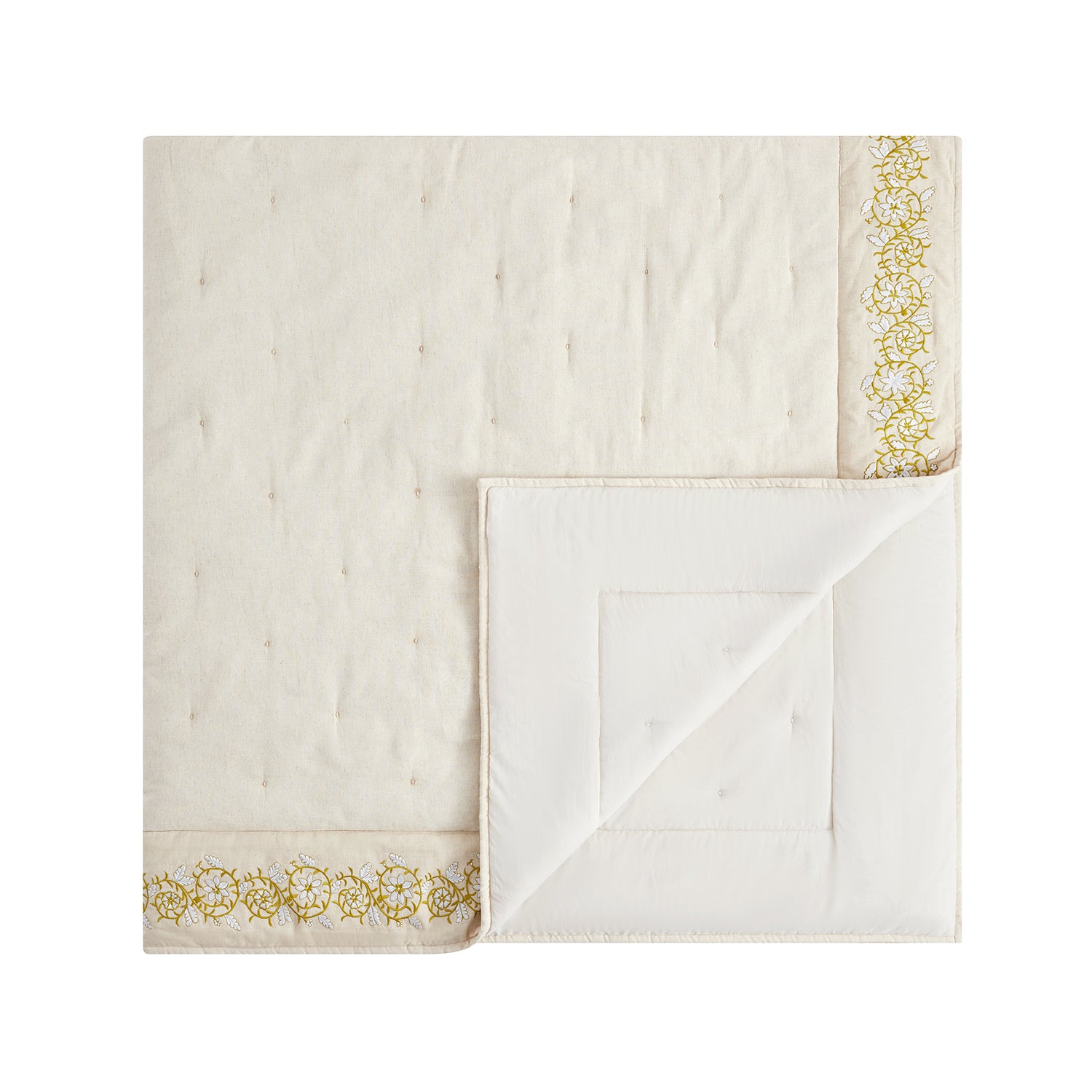 Jasmina Cream Floral Embroidered Quilted Linen Blend Bedspread