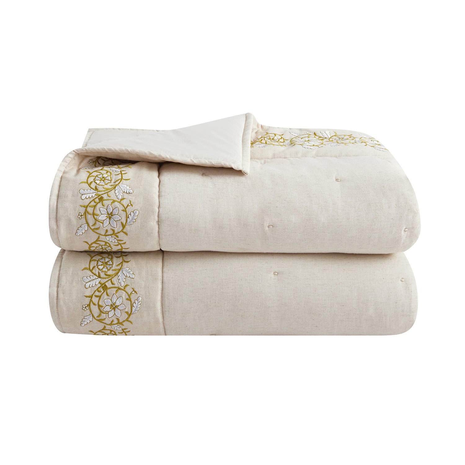 Jasmina Cream Floral Embroidered Quilted Linen Blend Bedspread