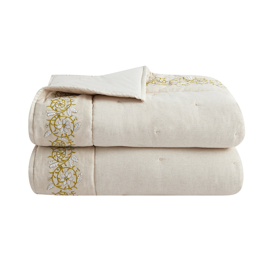 Jasmina Cream Floral Embroidered Quilted Linen Blend Bedspread - daals
