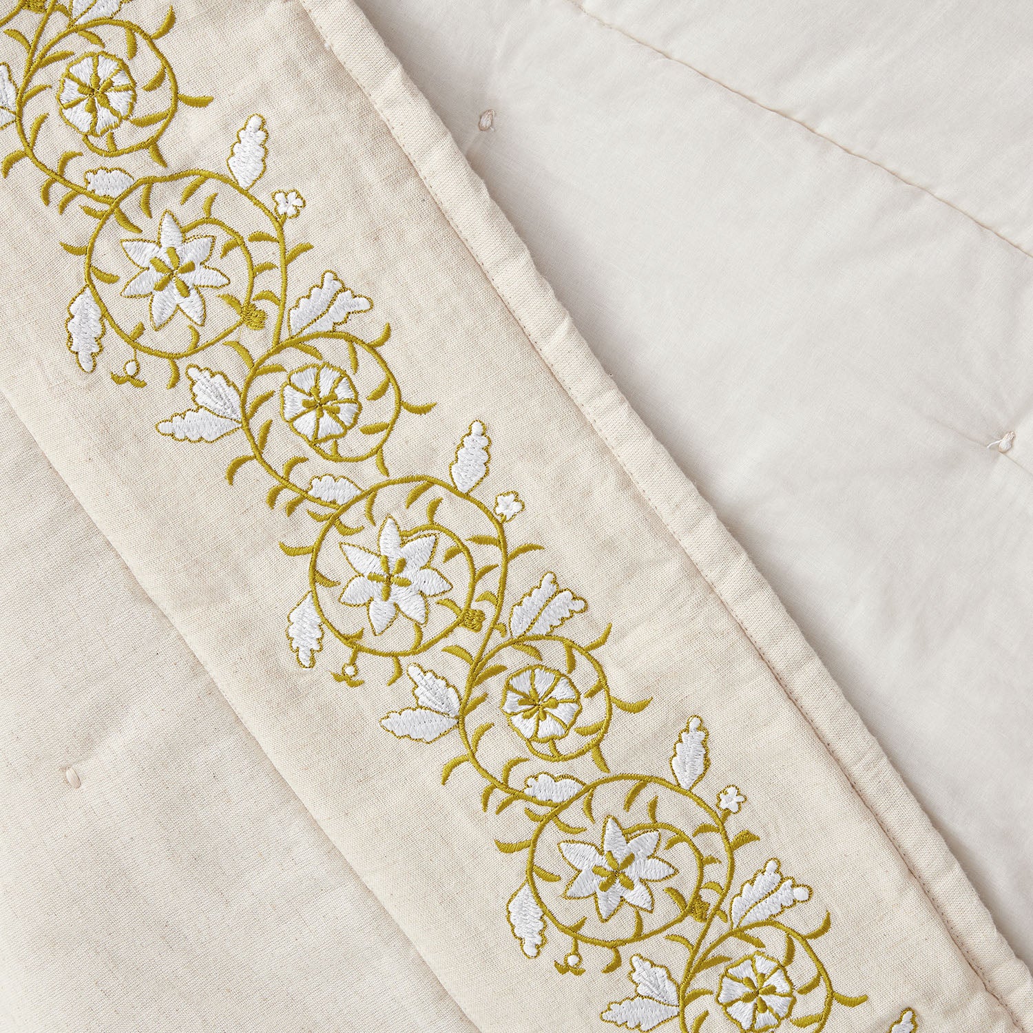 Jasmina Cream Floral Embroidered Quilted Linen Blend Bedspread