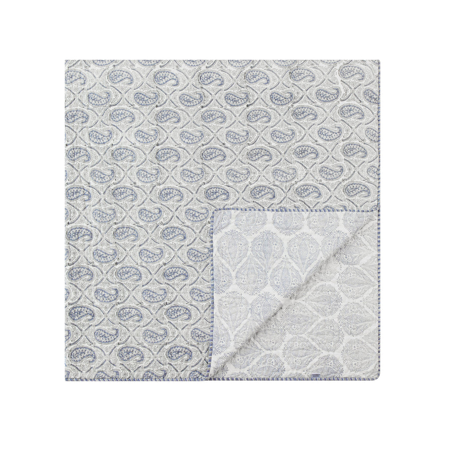 Juliette French Blue Paisley Reversible Quilted Cotton Bedspread