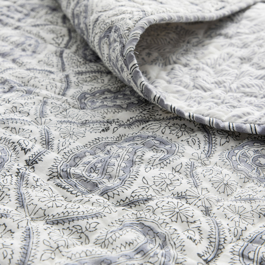 Juliette French Blue Paisley Reversible Quilted Cotton Bedspread