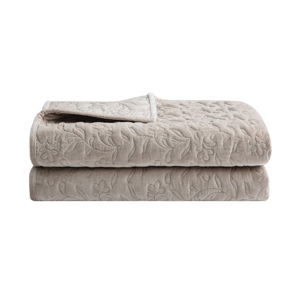 Maison Taupe Floral Quilted Cotton Velvet Bedspread