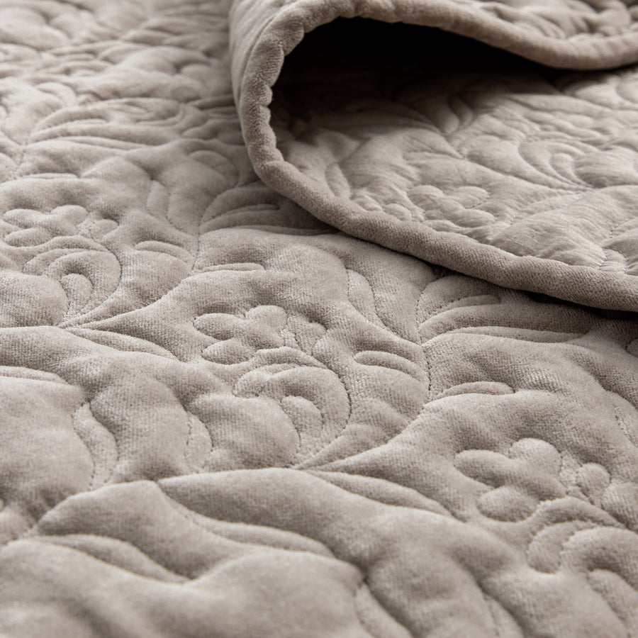 Maison Taupe Floral Quilted Cotton Velvet Bedspread