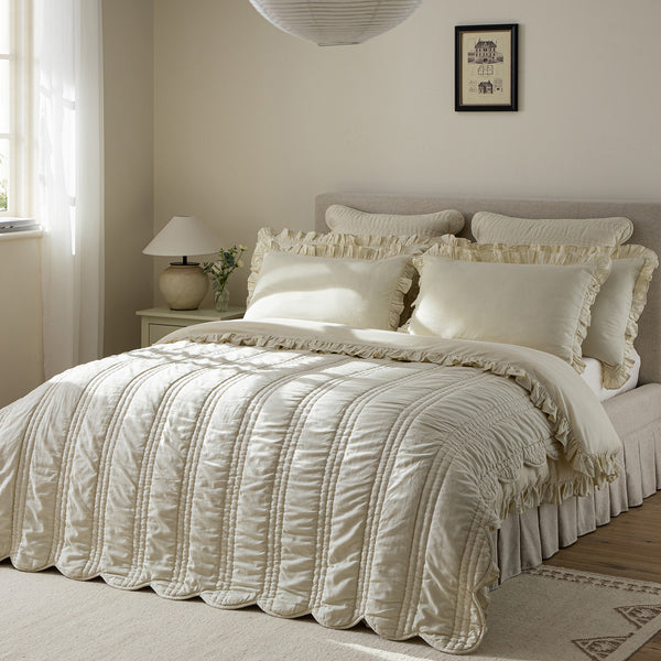 Matilda Cream Scallop Quilted Linen Blend Bedspread