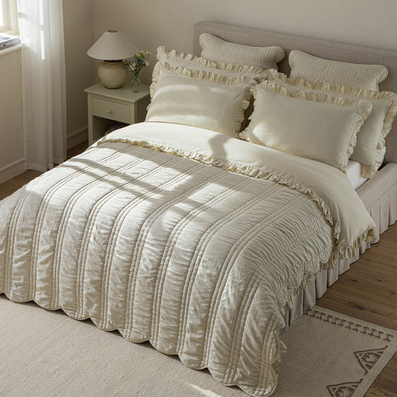 Matilda Cream Scallop Quilted Linen Blend Bedspread